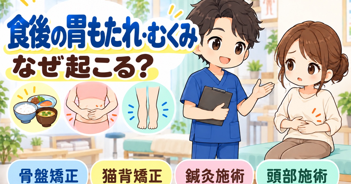食後の胃もたれ・むくみはなぜ起こるかを解説するアイキャッチ